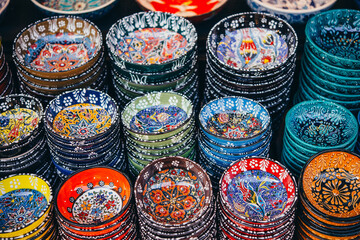 Collection of turkish ceramics on sale at the Grand Bazaar in Istanbul, Turkey. - 744172161