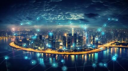 Modern cityscape and communication network concept. Telecommunication. IoT (Internet of Things). ICT (Information communication Technology). 5G. Smart city. Digital transformation