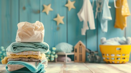 Stacked baby laundry with toys on a wooden surface
