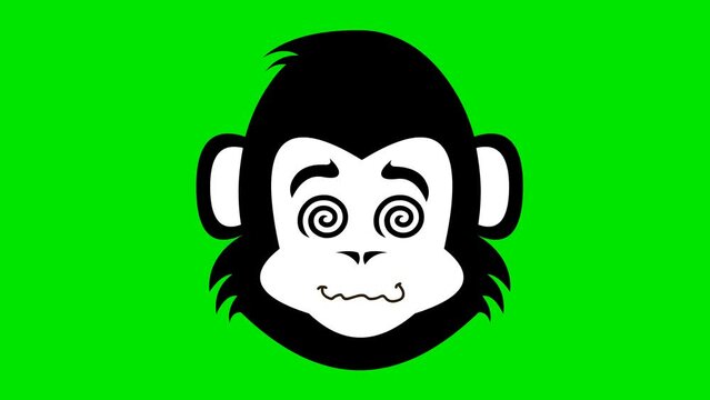 video drawing animation face monkey primate or chimpanzee cartoon with spiral shaped hypnotized eyes, drawn in black and white color. On a green chroma key background