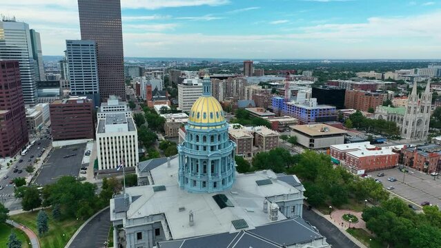 Drone Aerial Colorado State Capitol Buildings and Civic Center Park in Downtown Denver, CO 4K