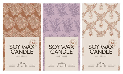 Fototapeta na wymiar Hand drawn botanical vector cosmetics label design template for soy candle.