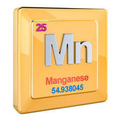 Manganese Mn, chemical element sign with number 25 in periodic table. 3D rendering isolated on transparent background