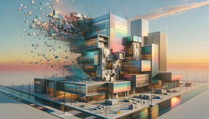 Y2K-inspired prefabricated building with metallic sheen and digital disintegration.