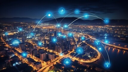 Panorama aerial view in the cityscape skyline with smart services and icons, internet of things, networks and augmented reality concept , night scene