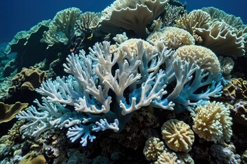 Naklejka na ściany i meble Coral bleaching linked to elevated sea temps: Loss of symbiotic zooxanthellae threatens Pacific reef. Danger to Pacific reef from sea temp increase