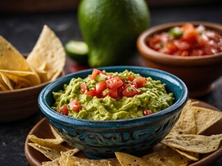 A delicious Bowl of Guacamole next to fresh ingredients on a table with tortilla chips and salsa. Fresh guacamole with tortilla chips and salsa