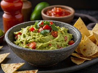 A delicious Bowl of Guacamole next to fresh ingredients on a table with tortilla chips and salsa. Guacamole and chips with fresh salsa