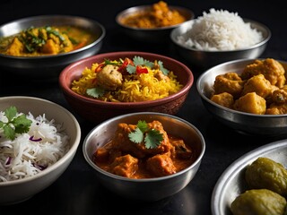 Assorted traditional Indian food on black background - indian food feast - Indian cuisine - Assorted various Indian food - Indian culinary delights on dark surface