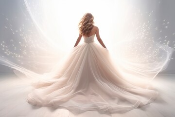 Bride in a flowing white wedding gown with a sparkling effect. Back view of a beautiful woman. Concept of bridal beauty, magical moments, and dream weddings.