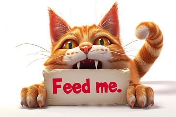 Orange tabby cat holding a sign that says "Feed me". Concept of pet care, animal feeding, and humorous pet expressions. Digital illustration. Isolated on white background