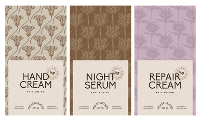 Fototapeta na wymiar Hand drawn botanical vector cosmetics label design template for hand cream, night serum. Minimal brand identity template. Packaging design mockup.