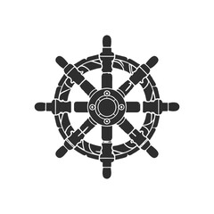 Obraz premium An isolated black nautical helm on white. Steering wheel sign for boats and ships. Icon for boat wheel control. Rudder label. Vector flat illustration.