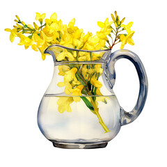 Forsythia yellow flowers branches in a glass jug watercolour Generative AI - 744174946