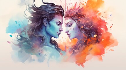 Watercolor illustration of Shiva and Shakti in tender, face-to-face embrace, blending mythology with art. Concept of divine union, spiritual balance, and cosmic harmony. Man and woman. Couple in love