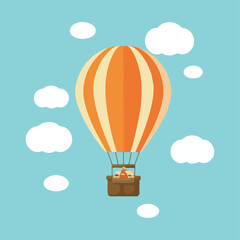Orange hot air balloon flying in the turquoise sky with clouds. Flat cartoon design. Vector background.