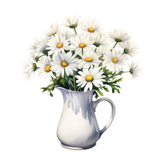 Chamomile white daisies bouquet in a jug. Aesthetic Flowers in vintage pot. watercolour Generative AI - 744174985