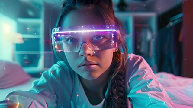Slow motion portrait of a Gen-Z young girl looking intensely at a computer monitor while wearing augmented reality glasses
