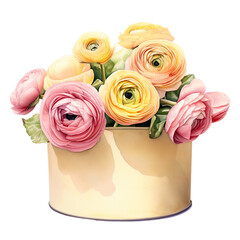 ranunculus flowers in a hat box watercolor ai generated - 744175131