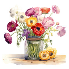 ranunculus flowers in a glass jar watercolor ai generated - 744175142