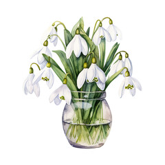 snowdrop first spring flowers in glass jar watercolour generative ai - 744175167