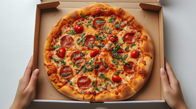 Pizza delivery courier holds two boxes in hands. Woman holding pizza in cardboard box.