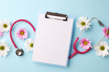 Embracing wellness: organized care for a healthier tomorrow. Top view shot of clipboard, pink...