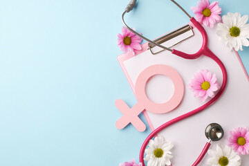 Empowering women's health: advocacy and elegance. Top view of female gender symbol, clipboard, pink stethoscope, flowers on light blue background with space for educational material or health message
