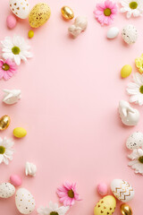 Naklejka na ściany i meble Easter festivity: pastel hues and joyful moments. Top view vertical shot of decorated eggs, ceramic bunnies, white and pink flowers on pastel pink background with space for festive message or promo