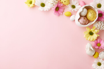 Easter festivity: a celebration of spring and sweetness. Top view of white eggshell filled with speckled eggs, golden and natural eggs, white and pink flowers on pink background with space for text