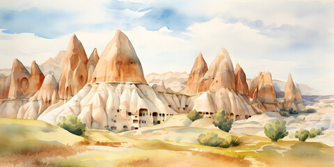 Watercolor illustration view of Cappadocia landscape - obrazy, fototapety, plakaty