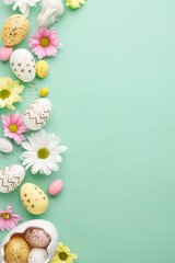 Spring’s bounty: celebrating Easter with flowers and eggs. Top view of various Easter eggs, pink...