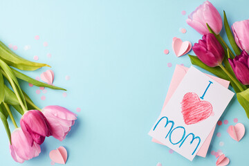 Mother's Day celebration: tokens of love and affection. Top view of vibrant pink tulips, handmade card, paper hearts on light blue background with space for personal notes or heartfelt messages