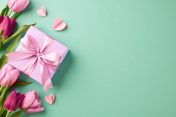 Tokens of gratitude: curated surprises for her. Top view shot of gift box with pink satin ribbon, pink paper hearts, tulips on teal background with space for special occasion greetings messages