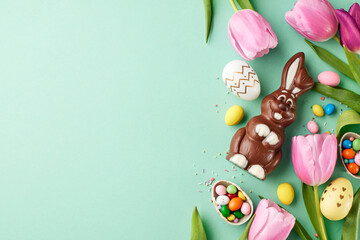 Easter delights: a chocolate bunny among tulips and treats. Top view shot of chocolate Easter...