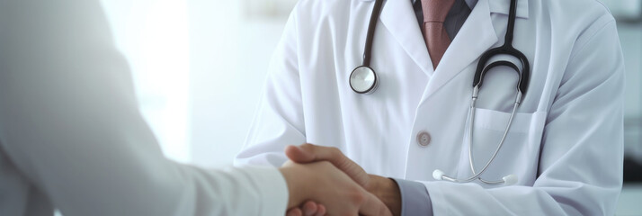 doctor with stethoscope shakes patient's hand. banner