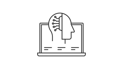 Artificial Intelligence Symbol with Laptop. Black outline icon for AI Head and Laptop. 