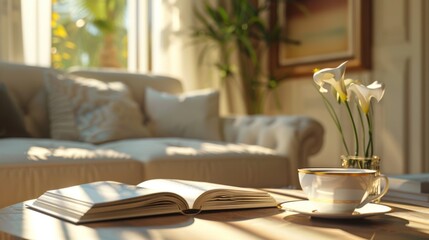 In a luxurious villa there is an open book and a cup of coffee on a table
