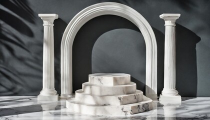 d background mockup with marble product podium for cosmetics display white greek antique columns against a dark wall with an arch white marble steps behind