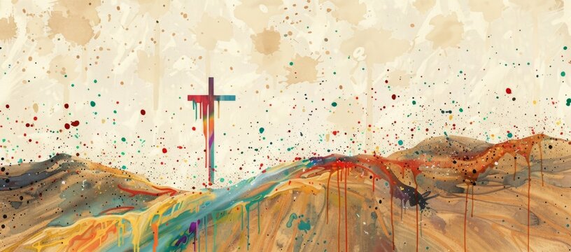 an colorful cross on a hillside with drops of paint on top Generative AI