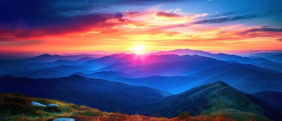 Vibrant sunset over mountainous landscape