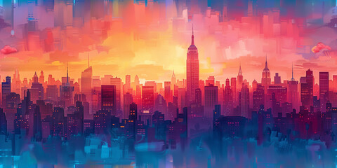 Fototapeta na wymiar Illustration. panorama of big city. wide banner. Space for text. Mixed style painting. For poster, business card, invitation, flyer, banner, email, header, social media post. Generative Ai content