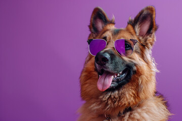 German Shepherd Dog wearing clothes and sunglasses on Yellow background