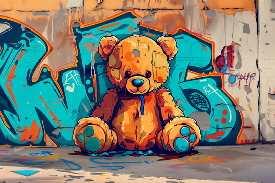 Teddy bear graffiti on a wall in street art style. Wall covered in vibrant graffiti art