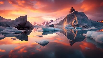 the sunset is over a group of icebergs and glaciers