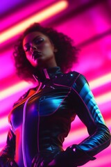 Stylish woman in futuristic bodysuit posing against vibrant neon background