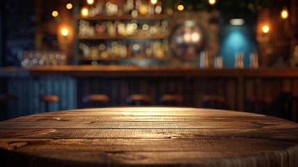 Wooden round table and pub or bar blur background - obrazy, fototapety, plakaty