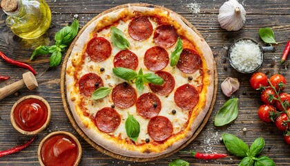 traditional italian pepperoni pizza top view with ingredients