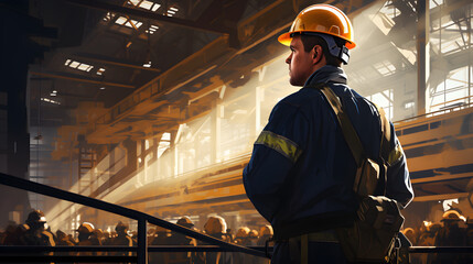 worker in factory with helmet looking outside - obrazy, fototapety, plakaty