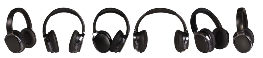 Fototapeta na wymiar A set of black wireless headphones on a white isolated background